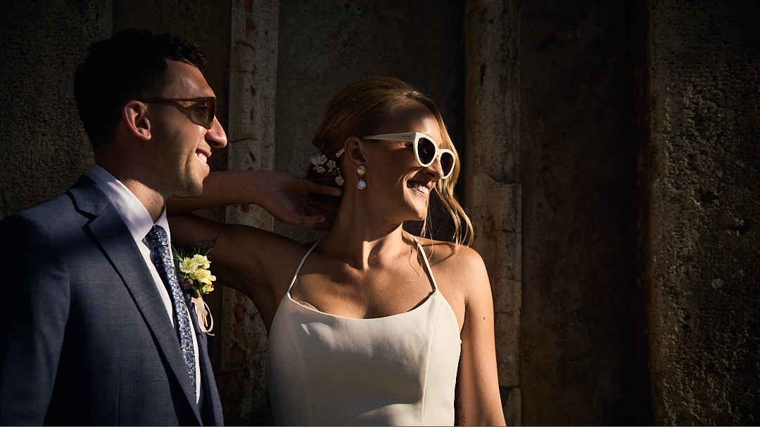 Stylish couple laughing during elopement in Provence — intimate destination wedding photographer South of France