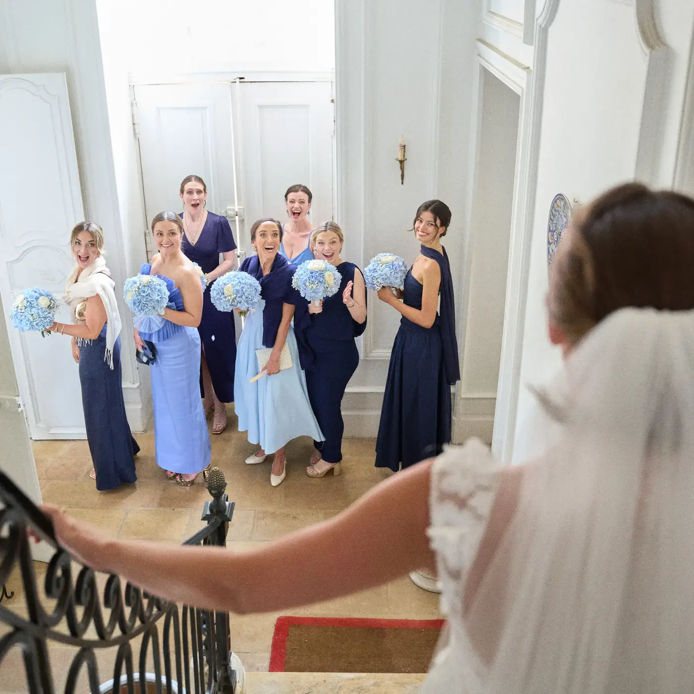 Bride and bridesmaids first look at Château de Lacoste, Dordogne