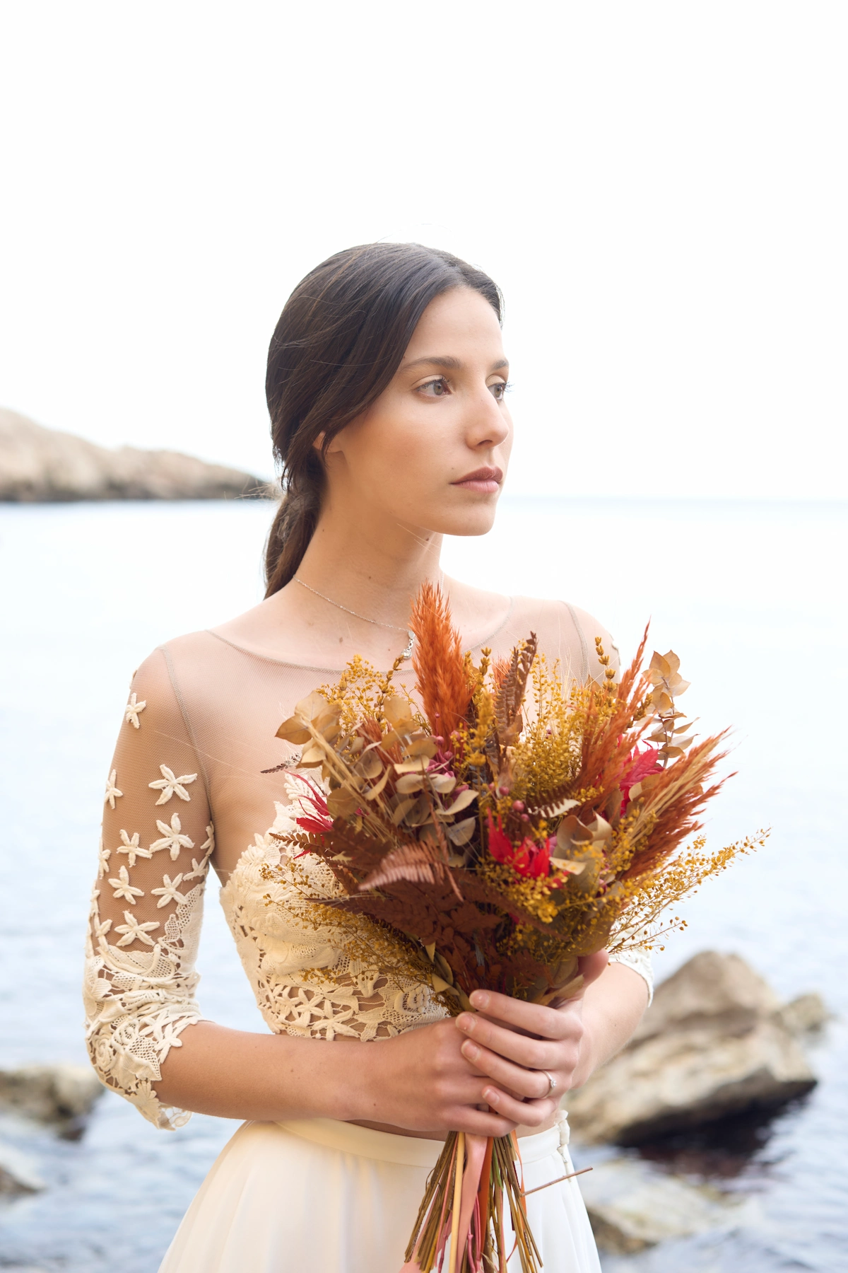 Editorial bridal portrait at the Calanques de Marseille — seaside photography