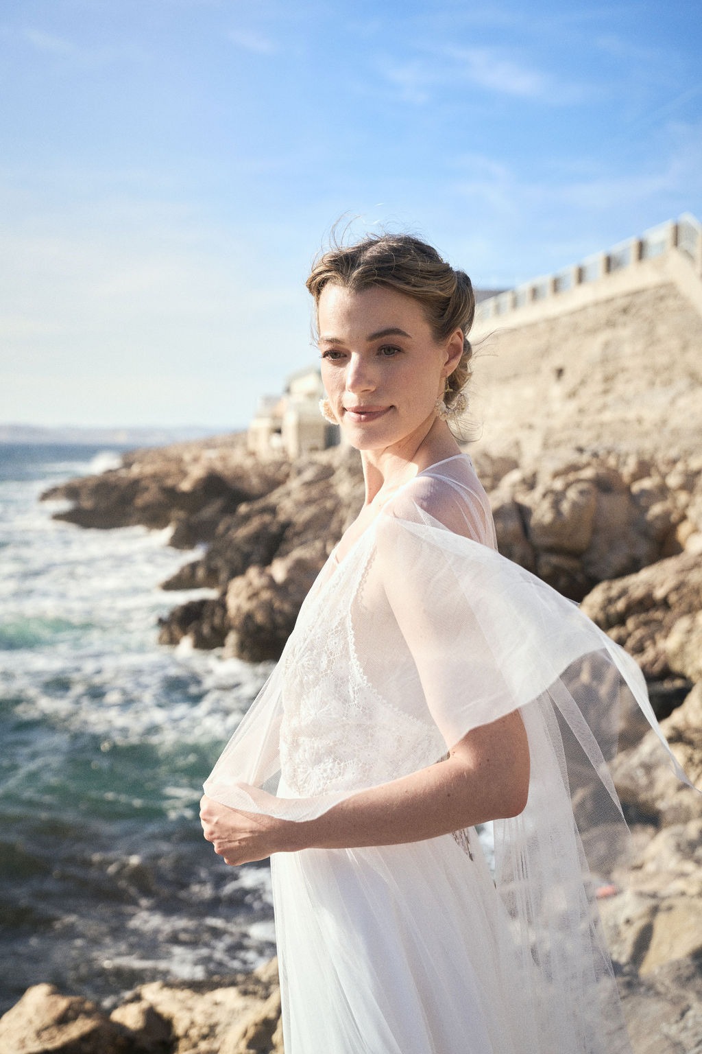 Lambert Créations elegant bridal gown in the Calanques near Marseille, South of France