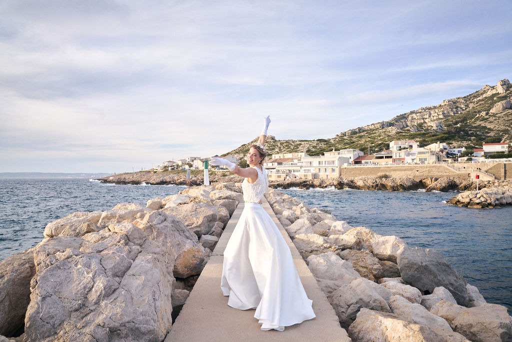 Bridal silhouette at golden hour facing the Mediterranean Sea, South of France