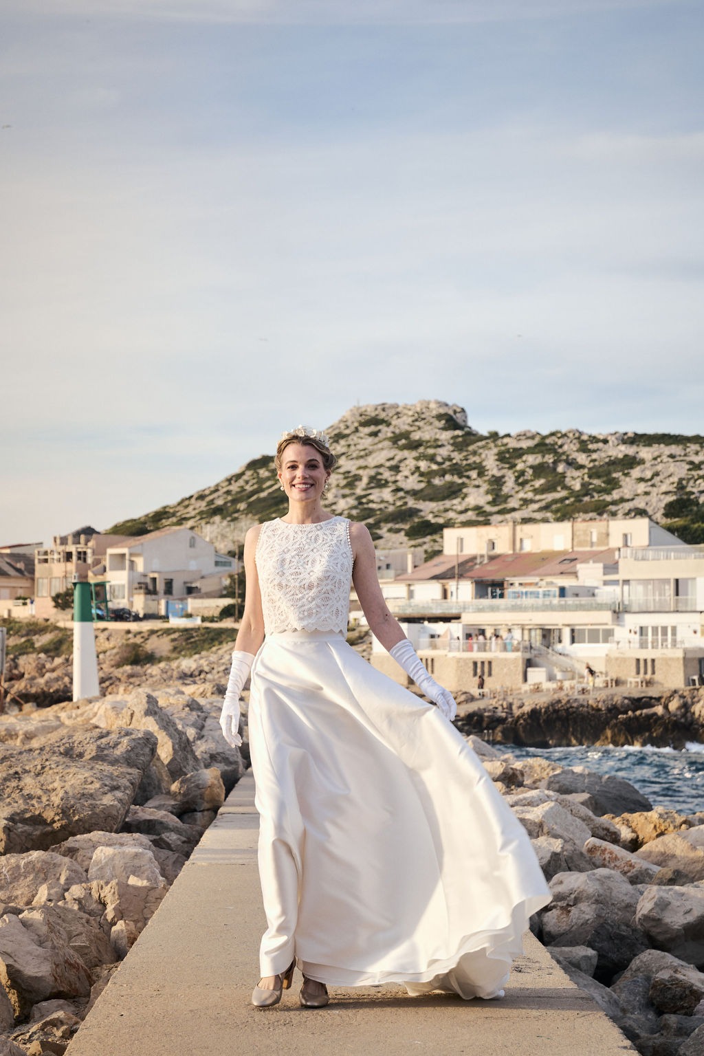 Fashion editorial wedding photography at a Provençal harbor — cinematic mood