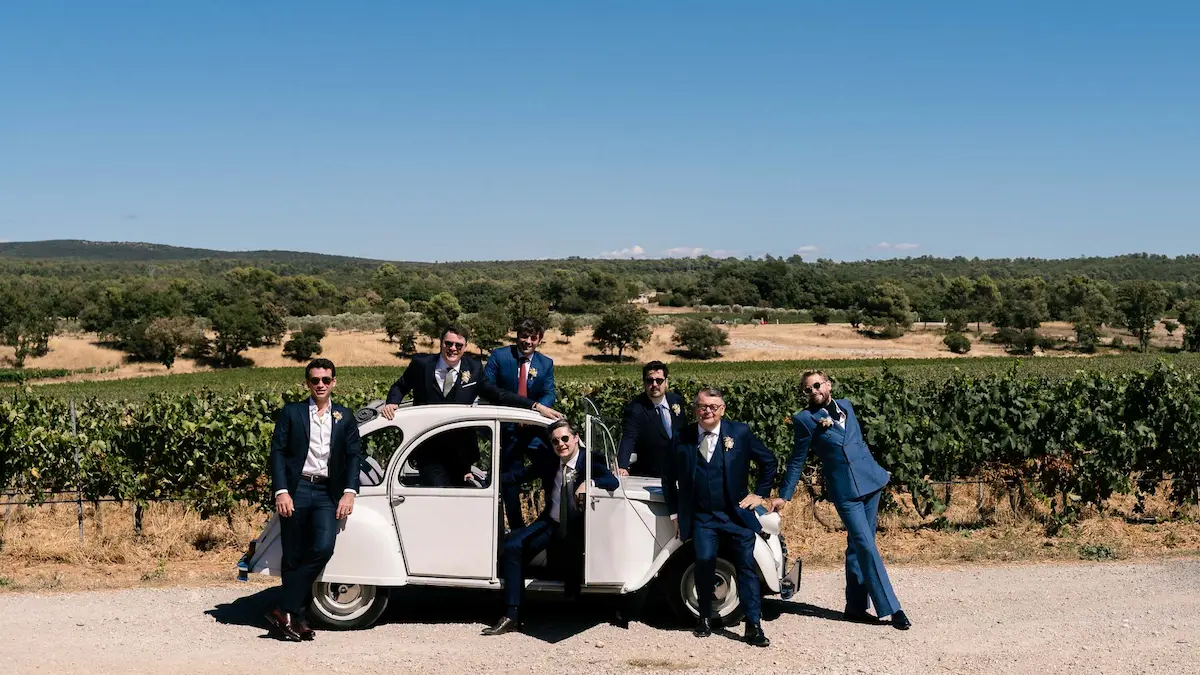 Wedding party in the vineyards at Les Terres de Saint Hilaire